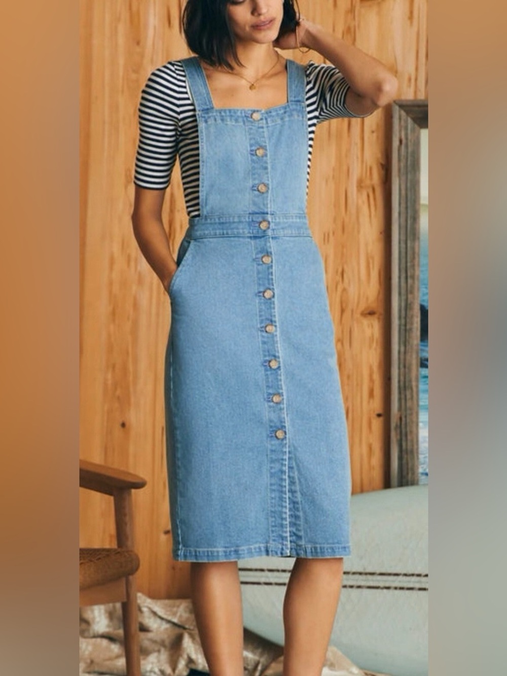 Faherty Remi Organic Cotton & Hemp Denim Midi Pinafore Dress Light Wash Size 4